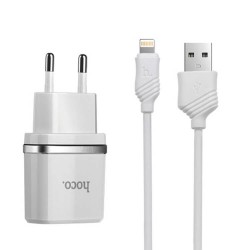Сетевое зарядное устройство Hoco C12 Smart, 2.4A, 2 USB, с кабелем USB - Lightning, белый