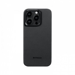 Чехол для iPhone 15 Pro Pitaka MagEZ Case 4 узкое плетение кевлар (черно-серый)